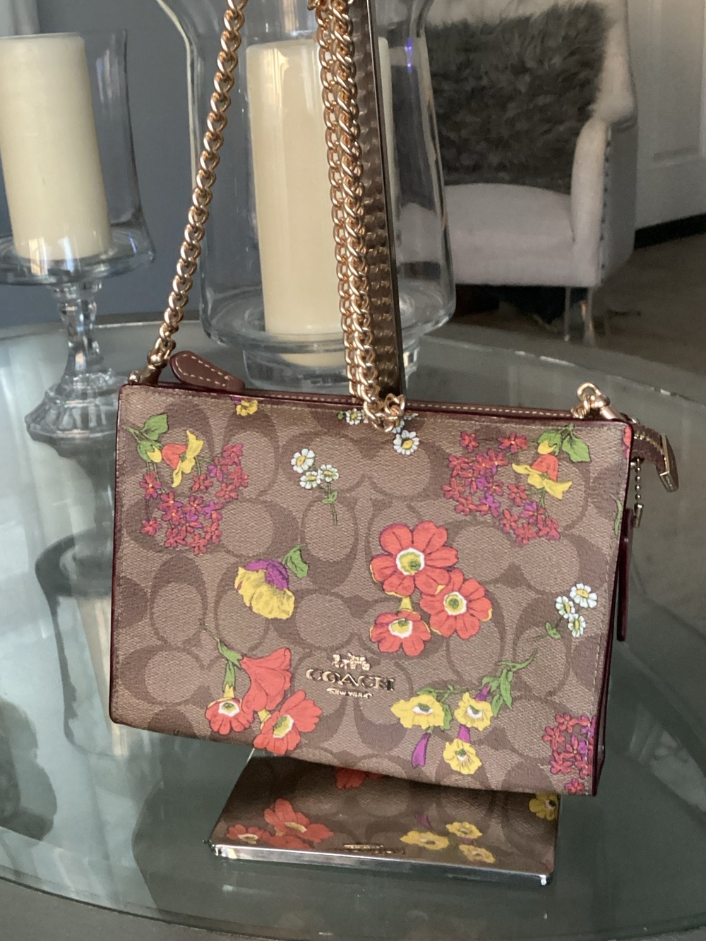 Coach Brown Floral Chain Crossbody Bag